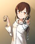  1girl braid brown_background brown_hair can canned_coffee drink_can gradient_background highres holding holding_can hood hooded_jacket jacket kantai_collection long_hair looking_at_viewer meru-chan orange_eyes single_braid smile solo souya_(kancolle) upper_body white_jacket 