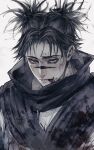  1boy black_hair blood blood_on_clothes blood_on_face choso_(jujutsu_kaisen) closed_mouth facial_tattoo highres ho9_999 jujutsu_kaisen looking_at_viewer male_focus robe short_hair simple_background solo tattoo white_background white_robe 