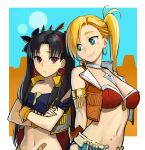  2girls aqua_eyes b_suke bandaid bandeau bikini black_hair blonde_hair border breasts brown_vest calamity_jane_(fate) colored_inner_hair crossed_arms fate/grand_order fate_(series) highres ishtar_(fate) long_hair looking_at_another medium_breasts multicolored_hair multiple_girls one_side_up open_clothes open_vest red_bikini red_eyes red_hair smile space_ishtar_(fate) space_ishtar_(second_ascension)_(fate) swimsuit two-tone_hair upper_body vest white_border 