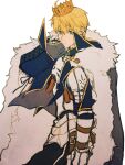  1boy armor arthur_pendragon_(fate) blonde_hair blue_cape breastplate cape closed_mouth crown fate/grand_order fate_(series) fur-trimmed_cape fur_trim green_eyes looking_at_viewer male_focus pauldrons sangzhujun short_hair shoulder_armor simple_background solo upper_body white_background 