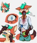 ambiguous_gender anthro blind_eye blood blood_on_face blue_hair bodily_fluids canid canine clothed clothing digital_media_(artwork) dirty_eye eyedrops food fox hair ketchup luki_(pimientanas) mammal nervous_smile orange_body pimientanas simple_background solo text