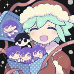  2girls 4boys aubrey_(headspace)_(omori) aubrey_(omori) basil_(headspace)_(omori) basil_(omori) black_eyes black_hair blush bow closed_eyes closed_mouth expressionless green_hair grin hair_bow hat hero_(headspace)_(omori) hero_(omori) kel_(headspace)_(omori) kel_(omori) long_hair looking_at_viewer mari_(headspace)_(omori) mari_(omori) mini_person miniboy minigirl mittens multiple_boys multiple_girls omori omori_(omori) one_eye_closed open_mouth pink_bow purple_eyes purple_hair red_hat red_mittens santa_costume santa_hat short_hair smile sr_ld_fr teeth 