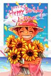  1boy ^_^ bouquet character_name closed_eyes cloud commentary_request confetti dated flower happy_birthday holding holding_bouquet holding_flower magu_pink male_focus monkey_d._luffy ocean one_piece red_shirt sash scar scar_on_face shirt signature sky smile solo sunflower teeth upper_body yellow_sash 