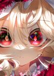  1girl absurdres album_cover blonde_hair blush bright_pupils calpis118 close-up closed_mouth commentary cover crazy_eyes diamond-shaped_pupils diamond_(shape) english_commentary expressionless eyelashes eyes_visible_through_hair flandre_scarlet floating_hair hair_between_eyes hat highres light_particles mixed-language_commentary mob_cap red_eyes solo split_mouth symbol-shaped_pupils touhou white_hat 