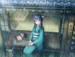  1girl aqua_kimono architecture black_hair bottle brown_eyes east_asian_architecture felt from_above hair_ornament hands_on_lap japanese_clothes kimono long_hair mimikaki original porch rain shouji sitting sliding_doors smile tatami towel tray umbrella veranda 