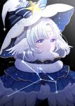  1girl absurdres blue_eyes cloak constellation forehead_jewel fur-trimmed_cloak fur_trim hat highres night night_sky original personification signature sky solo star_(sky) star_(symbol) starry_sky user_ntkz3222 white_hair white_hat wing_ears witch witch_hat 