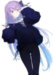  1girl black_pants blue_eyes blue_ribbon blue_sweater blush breasts coffeekite cross-laced_clothes fate/extra fate/extra_ccc fate/grand_order fate_(series) grey_shirt hair_ribbon highres long_hair long_sleeves looking_at_viewer meltryllis_(fate) off_shoulder pants purple_hair ribbon shirt sleeveless sleeveless_shirt sleeves_past_fingers sleeves_past_wrists small_breasts sweater thighs very_long_hair yoga_pants 