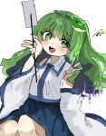  1girl blue_skirt detached_sleeves frog frog_hair_ornament gohei green_eyes green_hair hair_ornament hair_tubes highres kochiya_sanae long_hair nontraditional_miko open_mouth ramochi skirt snake snake_hair_ornament star_(symbol) teeth touhou upper_teeth_only white_background wide_sleeves 