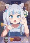  1girl animal_ears blue_eyes blue_hair blue_overalls candle carrot cat_ears crumbs eating food food_in_mouth food_on_face fork gawr_gura gawr_gura_(casual) highres holding holding_fork hololive hololive_english ice_cream indoors kaela_kovalskia kemonomimi_mode knife looking_at_viewer mint_chocolate multicolored_hair official_alternate_costume open_mouth oreo overalls plate rarumi9 restaurant sharp_teeth short_sleeves sitting smol_gura solo steak teeth upper_body virtual_youtuber white_hair 