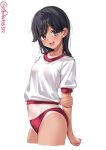  1girl alternate_costume arm_behind_back black_eyes black_hair breasts buruma cowboy_shot ebifurya hashtag-only_commentary highres holding_own_arm i-400_(kancolle) kantai_collection looking_at_viewer midriff navel one-hour_drawing_challenge open_mouth red_buruma shirt short_sleeves simple_background small_breasts smile solo tan tanlines teeth tongue twitter_username upper_teeth_only white_background white_shirt 