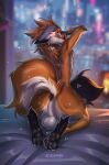anthro anus backsack balls blush butt canid canine fluffy fluffy_tail fox fur genitals hi_res kneeling looking_at_viewer looking_back looking_back_at_viewer male mammal nude orange_body orange_fur presenting presenting_hindquarters smile solo tail tlt_echelon