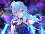  1girl absurdres blue_eyes blue_hair breasts cleavage cleavage_cutout clothing_cutout crown gloves glowstick hair_bun hair_ornament hand_on_own_chest headset highres hololive hoshimachi_suisei hoshimachi_suisei_(stellar_into_the_galaxy) long_hair looking_at_viewer mini_crown official_alternate_costume one_side_up open_mouth reaching reaching_towards_viewer shigureszku short_sleeves small_breasts solo star_(symbol) star_hair_ornament upper_body virtual_youtuber 