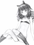  1girl absurdres animal_ears bare_arms bare_shoulders blunt_bangs blush boots diamond_hairband flat_chest greyscale highres hololive hololive_english knee_boots knees_together_feet_apart long_hair looking_at_viewer mole mole_under_eye monochrome nanashi_(nlo) ninomae_ina&#039;nis simple_background sitting solo stomach virtual_youtuber wavy_hair 