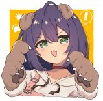  ! +_+ 1girl :3 ahoge animal_ears animal_hands blush choker claws collarbone dog_ears dog_paws dot_nose double-parted_bangs fake_animal_ears fang fur-trimmed_sleeves fur_trim gloves grey_hood grey_hoodie hood hoodie idolmaster idolmaster_million_live! idolmaster_million_live!_theater_days long_hair looking_at_viewer mochizuki_anna official_alternate_costume open_mouth overalls paw_gloves paw_pose paw_print paw_print_background pink_overalls purple_hair red_choker shirototo solo suspenders suspenders_slip upper_body v-shaped_eyebrows yellow_background 
