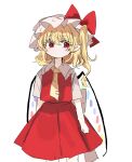  1girl ascot blonde_hair crystal flandre_scarlet hat hat_ribbon highres mob_cap multicolored_wings one_side_up puffy_short_sleeves puffy_sleeves ramochi red_eyes red_skirt red_vest ribbon short_sleeves side_ponytail skirt skirt_set touhou upper_body vest white_hat wings yellow_ascot 