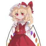  1girl ascot blonde_hair crystal flandre_scarlet hand_on_own_face hat hat_ribbon highres mob_cap multicolored_wings one_side_up puffy_short_sleeves puffy_sleeves ramochi red_eyes red_skirt red_vest ribbon short_sleeves side_ponytail skirt skirt_set solo touhou upper_body vest white_background white_hat wings yellow_ascot 