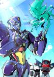  1boy 2girls absurdres armor blue_eyes colored_skin grey_skin helmet highres humanoid_robot multiple_girls nautica_(transformers) prowl_(transformers) purple_lips road_rage_(transformers) robot robot_girl shoulder_armor sky the_transformers_(idw) transformers zeropercenter 