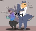 2024 angry anthro avian axo_(axoarts) axoarts beak bell bell_collar big_butt bird black_bottomwear black_clothing black_eyewear black_footwear black_glasses black_leggings black_legwear black_sclera black_shoes blue_clothing blue_hoodie blue_topwear blush bodily_fluids bottomwear butt butt_slap claws clothed clothing collar digital_media_(artwork) domestic_cat duo ear_piercing english_text eyewear feathered_tail feathers felid feline felis footwear fur glasses green_eyes grey_beak grey_body grey_bottomwear grey_claws grey_clothing grey_feathers grey_fur grey_hair grey_pants grey_tail grey_tail_feathers hair heart_after_text heart_symbol hi_res holding_nintendo_switch holding_object hoodie leggings leggings_down legwear male male/male mammal motion_lines multicolored_body multicolored_clothing multicolored_feathers multicolored_hoodie multicolored_topwear murex_(pastelitikiwi) nintendo nintendo_switch onomatopoeia orange_body orange_feathers orange_tail orange_tail_feathers owl pants piercing purple_clothing purple_collar purple_hoodie purple_topwear reddened_butt saliva shirt shoes slap sound_effects standing t-shirt tail tail_feathers text thick_thighs tongue tongue_out topwear two_tone_body two_tone_feathers two_tone_tail two_tone_tail_feathers white_claws white_clothing white_shirt white_t-shirt white_toe_claws white_topwear yellow_eyes