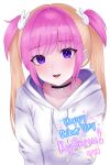  1girl absurdres artist_name black_choker blonde_hair character_name choker collarbone commentary dated drawstring english_commentary english_text hair_ornament heart highres hood hood_down hoodie indie_virtual_youtuber kyoresu light_blush long_hair looking_at_viewer meihera multicolored_hair parted_lips pill pink_hair pocket purple_eyes rabbit_hair_ornament sidelocks signature simple_background solo sparkle teeth twintails two-tone_hair upper_body upper_teeth_only virtual_youtuber white_background white_hood white_hoodie 