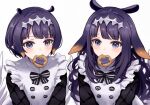  2girls blush character_cookie cookie dual_persona food food_in_mouth hair_ornament hololive hololive_english long_hair long_sleeves mole mole_under_eye multiple_girls ninomae_ina&#039;nis ninomae_ina&#039;nis_(6th_costume) pointy_ears purple_eyes purple_hair short_hair simple_background takodachi_(ninomae_ina&#039;nis) tentacle_hair upper_body virtual_youtuber white_background yuuyu_(777) 