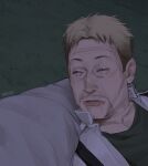  1boy artist_logo artist_name blonde_hair breikka brown_eyes green_shirt half-closed_eyes limmy_waking_up_(meme) male_focus meme outdoors parted_lips pillow raised_eyebrows reiner_braun shingeki_no_kyojin shirt short_hair short_messy_bangs sleepy solo squeans upper_body 