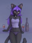 anthro black_body black_fur clothing container cup domestic_cat drinking_glass ear_piercing ear_ring felid feline felis female fur furniture glass glass_container glass_cup hair heart_symbol hi_res inner_ear_fluff looking_at_viewer mammal midriff navel on_table panties piercing purple_eyes purple_hair ring_piercing shirt sitting sitting_on_table solo spaghetti_strap table tank_top tipsy topwear tuft underwear wine_bottle wine_glass yshanii