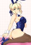  1girl ahoge air_mattress animal_ears artoria_pendragon_(fate) ass bathroom blonde_hair blue_bow blue_bowtie blue_footwear blue_hairband blue_leotard blue_ribbon blush bow bowtie breasts brown_thighhighs detached_collar dress fake_animal_ears fake_tail fate/grand_order fate_(series) from_side green_eyes hair_ribbon hairband hand_on_own_chest haruhisky high_heels highres large_breasts leotard looking_at_viewer looking_to_the_side rabbit_ears rabbit_tail ribbon saber_(fate) simple_background sitting soapland solo tail thighhighs tile_wall tiles white_background white_wrist_cuffs wrist_cuffs 
