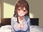  1girl arito_arayuru bed bed_sheet blurry blurry_background blush breasts brown_eyes brown_hair cleavage closed_mouth collared_shirt covered_nipples dress_shirt hair_between_eyes highres indoors long_hair long_sleeves looking_at_viewer medium_breasts no_bra non-web_source on_bed original scowl shirt sidelocks solo sweat v-shaped_eyebrows wet wet_clothes white_shirt 