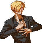  1boy absurdres black_jacket black_necktie blonde_hair blush closed_eyes closed_mouth commentary_request curly_eyebrows facial_hair formal hair_over_one_eye highres jacket long_sleeves male_focus necktie necktie_grab neckwear_grab one_piece rita_ya sanji_(one_piece) shirt short_hair smile solo white_background white_shirt 