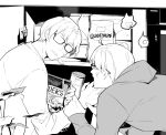  2boys a_woman_with_a_child_in_a_pantry ahoge america_(hetalia) axis_powers_hetalia bag can canada_(hetalia) commentary_request fingernails glasses greyscale holding holding_another&#039;s_wrist holding_bag hood hood_down hoodie long_sleeves looking_at_another male_focus monochrome multiple_boys nineo open_mouth shirt short_hair sigh snack upper_body 
