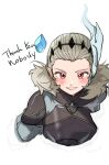  1girl absurdres armor black_armor black_hairband commission fire_emblem fire_emblem_fates grey_hair hair_slicked_back hairband highres looking_at_viewer misokatsuhaumai pointy_ears red_eyes sophie_(fire_emblem) thank_you upper_body 