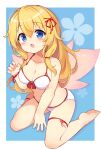  1girl baku-p bare_arms bare_legs bare_shoulders barefoot bikini blonde_hair blue_background blue_eyes blush bow bow_bikini breasts cleavage commentary_request fairy_wings floral_background full_body hair_between_eyes hair_ribbon hand_up highres lily_white long_hair looking_at_viewer medium_breasts navel open_mouth pink_wings red_ribbon ribbon solo swimsuit touhou two-tone_background very_long_hair white_background white_bikini wings 