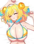  +_+ 1girl bare_shoulders blonde_hair blue_hair blush bombergirl breasts chawan_(yultutari) cleavage closed_eyes collarbone grenade_hair_ornament highres huge_breasts lying multicolored_hair navel on_back open_mouth pine_(bombergirl) short_hair sleeping solo two-tone_hair yellow_pupils 