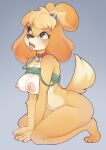 all_fours animal_crossing anthro begging begging_pose bell bell_collar blonde_hair bodily_fluids bottomless breasts breath canid canine canis clothed clothing collar doig domestic_dog female fur hair hi_res isabelle_(animal_crossing) jingle_bell mammal mostly_nude nintendo nipples open_mouth panting pose raised_clothing raised_topwear ribbongrove saliva shih_tzu simple_background solo tail tongue tongue_out topwear toy_dog yellow_body yellow_fur