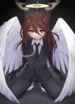 1boy 1girl amputee androgynous angel angel_devil_(chainsaw_man) angel_wings black_jacket black_necktie black_pants black_suit buttons chain chainsaw_man closed_mouth collared_shirt double_amputee feathered_wings frown full_body glowing glowing_eyes hair_between_eyes halo head_out_of_frame highres jacket knees_apart_feet_together large_wings leftporygon long_hair long_sleeves makima_(chainsaw_man) necktie pants red_eyes red_hair shirt solo_focus squatting standing straight-on suit suit_jacket white_footwear white_shirt white_wings wings yellow_halo 