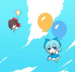  2girls balloon blue_bow blue_dress blue_hair blue_sky bow chibi cirno cloud dress facing_viewer fairy flying frilled_bow frilled_hair_tubes frills fumo_(doll) gohei hair_bow hair_tubes hakurei_reimu light_blush looking_at_viewer multiple_girls nontraditional_miko red_bow rei_(tonbo0430) ribbon_trim skirt skirt_set sky smile tagme touhou 
