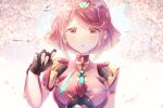  amanoru_mozuku breasts cherry_blossoms core_crystal_(xenoblade) drop_earrings earrings fingerless_gloves gloves highres impossible_clothes jewelry large_breasts looking_at_viewer parted_lips pyra_(xenoblade) red_eyes red_hair short_hair swept_bangs tiara upper_body xenoblade_chronicles_(series) xenoblade_chronicles_2 
