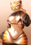 anthro areola areola_slip big_breasts biped blush breasts camel_toe clothed clothing clothing_lift curvy_figure dreamworks felid female fur hi_res huge_breasts kung_fu_panda looking_at_viewer mammal master_tigress navel open_mouth orange_body orange_fur pantherine pink_areola shirt shirt_lift simple_background sk3tchk4t smile solo striped_body striped_fur stripes tail thick_thighs tiger tongue topwear underwear voluptuous wide_hips