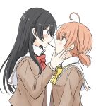  2girls ahoge black_hair blush bow bowtie brown_eyes brown_shirt commentary_request eye_contact food from_side grey_eyes hand_on_another&#039;s_face highres koito_yuu long_hair long_sleeves looking_at_another multiple_girls nanami_touko nemu1423 orange_hair pocky pocky_kiss profile red_bow red_bowtie sailor_collar school_uniform serafuku shirt short_twintails simple_background tohmi_higashi_high_school_uniform twintails upper_body white_background white_sailor_collar yagate_kimi_ni_naru yellow_bow yellow_bowtie yuri 