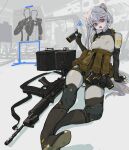  1girl absurdres albino ammunition_box animal_ears arm_support assault_rifle bodysuit cat_ears chest_rig explosive fn_fnc foreshortening grenade gun highres holding holding_grenade long_hair on_ground open_mouth original polilla red_eyes rifle sitting skin_tight solo target weapon white_hair 