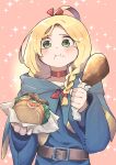  1girl :i absurdres belt_buckle blonde_hair blue_robe blush buckle burger cheek_bulge choker dungeon_meshi elf food food_on_face green_eyes highres holding holding_food looking_at_viewer marcille_donato pointy_ears red_choker robe ry_(pitamin5) solo sparkle_background turkey_(food) 