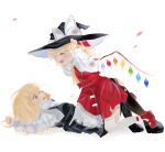  2girls apron ascot bat_wings blonde_hair bow braid closed_eyes crystal flandre_scarlet hair_bow hat hat_bow hat_ribbon highres kirisame_marisa multicolored_wings multiple_girls one_side_up open_mouth puffy_short_sleeves puffy_sleeves ramochi red_eyes red_skirt red_vest ribbon short_sleeves side_braid side_ponytail single_braid skirt skirt_set smile touhou vest waist_apron white_background white_bow white_hat wings witch_hat yellow_ascot yellow_eyes 