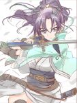  1girl brown_gloves clear_glass_(mildmild1311) dress fingerless_gloves fir_(fire_emblem) fire_emblem fire_emblem:_the_binding_blade fire_emblem_heroes gloves green_jacket green_ribbon hair_ribbon highres holding holding_sword holding_weapon jacket long_hair long_sleeves looking_at_viewer official_alternate_costume open_clothes open_jacket parted_lips ponytail purple_eyes purple_hair ribbon sheath solo sword weapon white_dress 