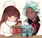 1boy 1girl aqua_eyes aqua_hair brown_hair capelet closed_mouth coat cocoa_cookie cookie_run cup dark-skinned_male dark_skin fur_hat gloves hat humanization long_hair mint_choco_cookie mittens mug neck_ribbon open_mouth papakha red_ribbon ribbon sapphire_(nine) simple_background smile very_long_hair white_background white_capelet white_coat white_gloves white_hat 