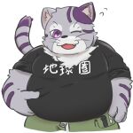 anthro belly bottomwear bygul clothing domestic_cat felid feline felis fur hi_res japanese_text kuroha_raido lifewonders live_a_hero male mammal one_eye_closed overweight pinching_belly purple_body purple_eyes purple_fur shirt shorts smile solo striped_body striped_fur stripes t-shirt text topwear wink zipper