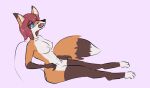 abs anthro big_breasts blue_eyes breasts canid canine fangs female fluffy fluffy_tail fluorite fox hair happy looking_up mammal navel nipples open_mouth red_hair side_boob side_view sitting solo tail teeth
