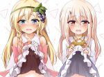  2girls ascot bare_shoulders blonde_hair blue_eyes blush braid breasts cape clothes_lift collarbone cosplay costume_switch dress dress_lift elbow_gloves fate/kaleid_liner_prisma_illya fate_(series) food-themed_hair_ornament gloves gold_trim grape_hair_ornament green_hairband grey_skirt hair_ornament hairband illyasviel_von_einzbern iris_(konosuba) iris_(konosuba)_(cosplay) jewelry kono_subarashii_sekai_ni_shukufuku_wo! layered_gloves long_hair long_sleeves looking_at_viewer mochi_(k620803n) multiple_girls navel necklace open_mouth out-of-frame_censoring pink_dress pink_gloves prisma_illya prisma_illya_(cosplay) red_eyes side_braid sidelocks single_braid skirt small_breasts white_cape white_dress white_gloves white_hair white_skirt 