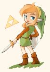 blonde_hair blue_eyes boots clothing elf footwear gari_osushi hair hat headgear headwear hi_res humanoid humanoid_pointy_ears hylian light_body light_skin link looking_at_viewer male melee_weapon nintendo not_furry open_mouth open_smile shield shirt smile solo sword the_legend_of_zelda topwear triforce tunic weapon