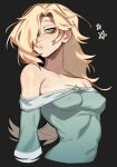  1girl absurdres aqua_dress bare_shoulders blonde_hair blue_eyes breasts cleavage dress hair_over_one_eye highres long_hair looking_at_viewer mario_(series) nipples off-shoulder_dress off_shoulder porqueloin puffy_nipples rosalina simple_background solo star_(symbol) 