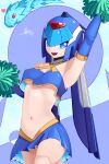  1girl absurdres blue_eyes cheerleader fairy_leviathan_(mega_man) forehead_jewel helmet highres holding holding_pom_poms looking_at_viewer mechanical_legs mechanical_parts mega_man_(series) mega_man_zero_(series) miniskirt nanayaryuoo navel pom_pom_(cheerleading) robot robot_girl skirt smile stomach 